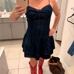 Dark Indigo Denim Mini Dress with Spaghetti Straps